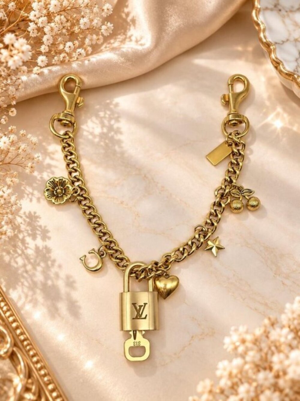 Authentic Louis Vuitton Gold Padlock with Unbranded Decorative Bag Chain / Charm